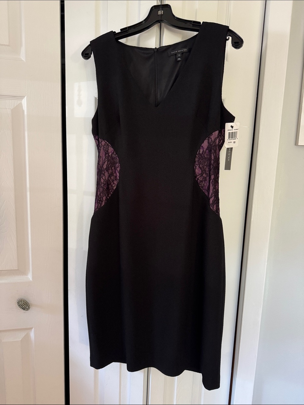 David Meister Black Midi Dress with Purple Lace Insets